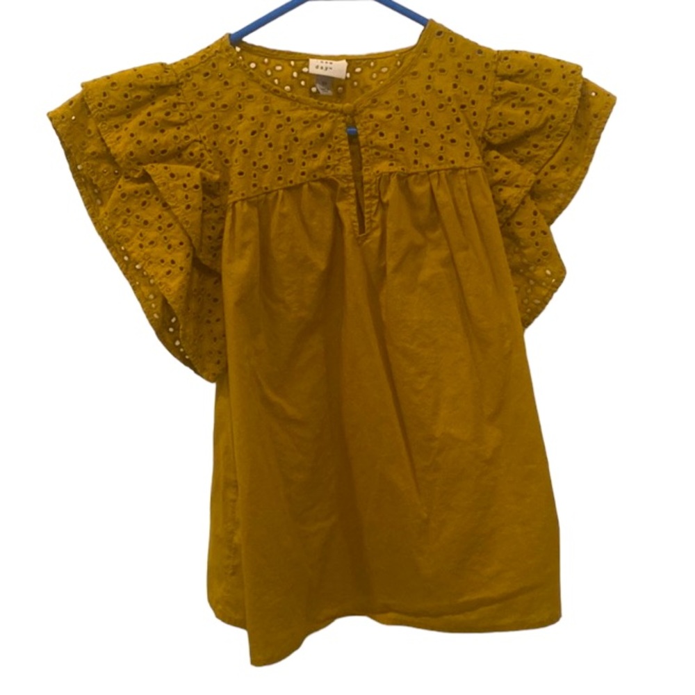 Mustard Yellow Blouse. Has Flutter Sleeve And Eyelet Detailing On Top. Size XS.